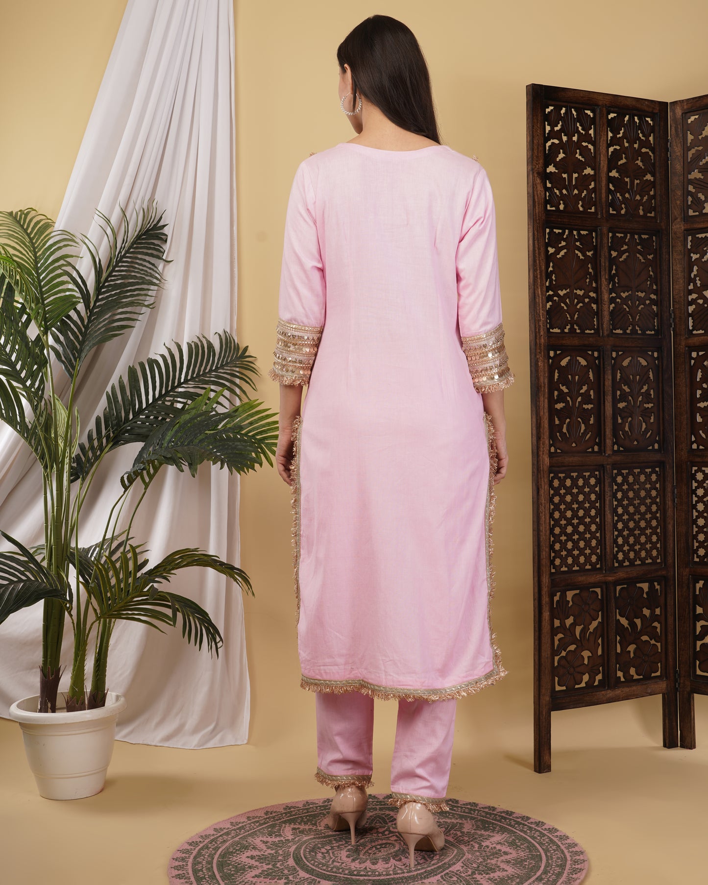 Pink Cotton Linen Kurta Set with Mul Dupatta