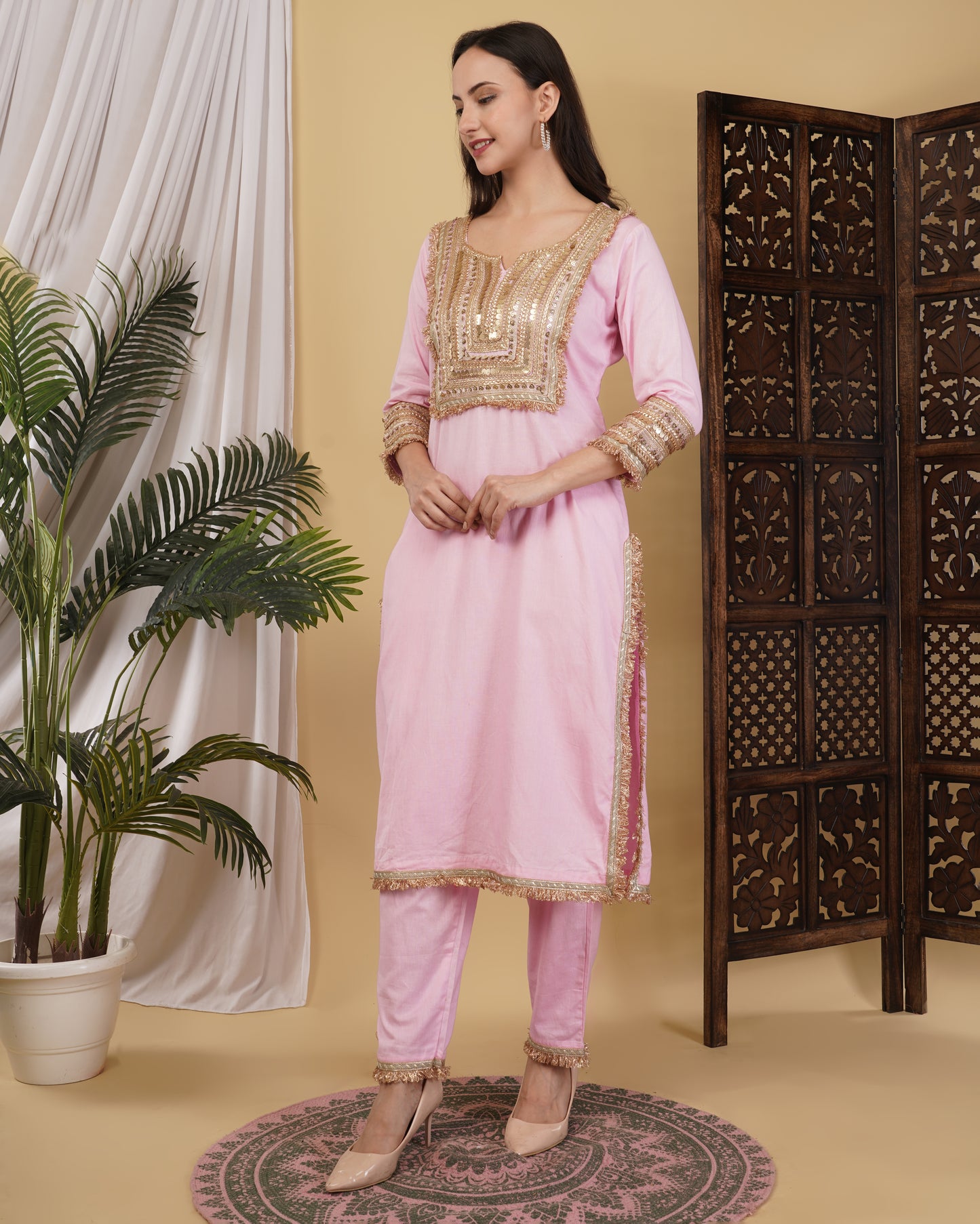 Pink Cotton Linen Kurta Set with Mul Dupatta