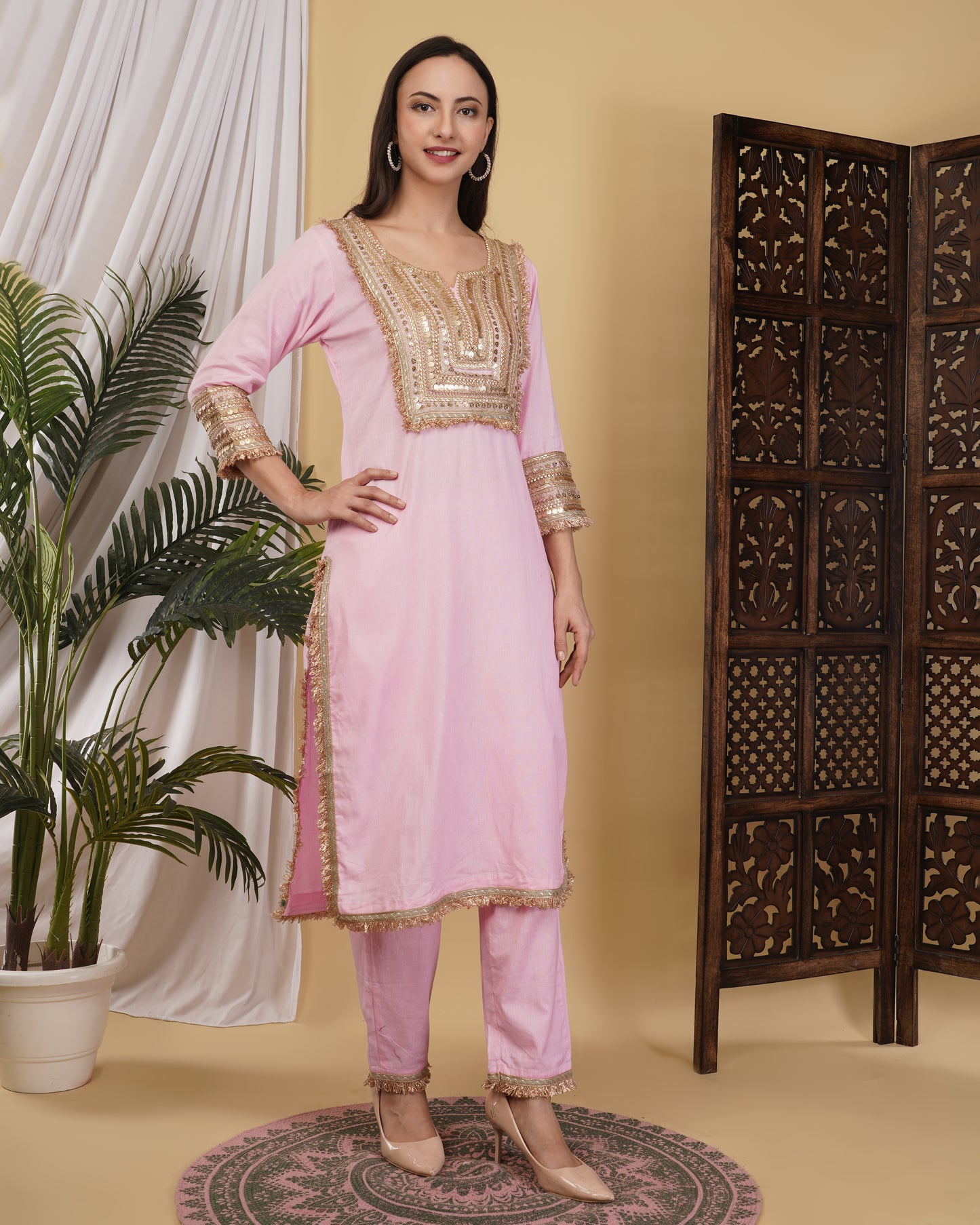 Pink Cotton Linen Kurta Set with Mul Dupatta
