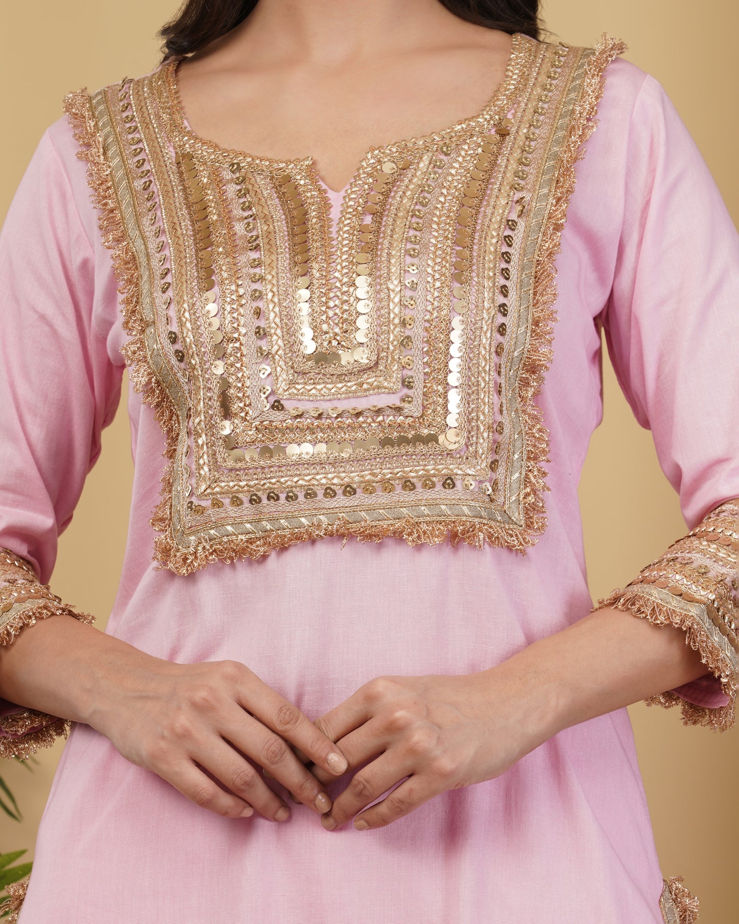 Pink Cotton Linen Kurta Set with Mul Dupatta