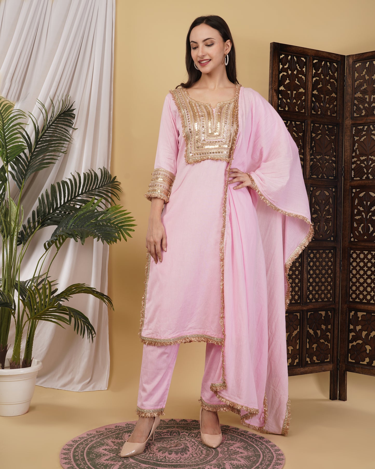 Pink Cotton Linen Kurta Set with Mul Dupatta