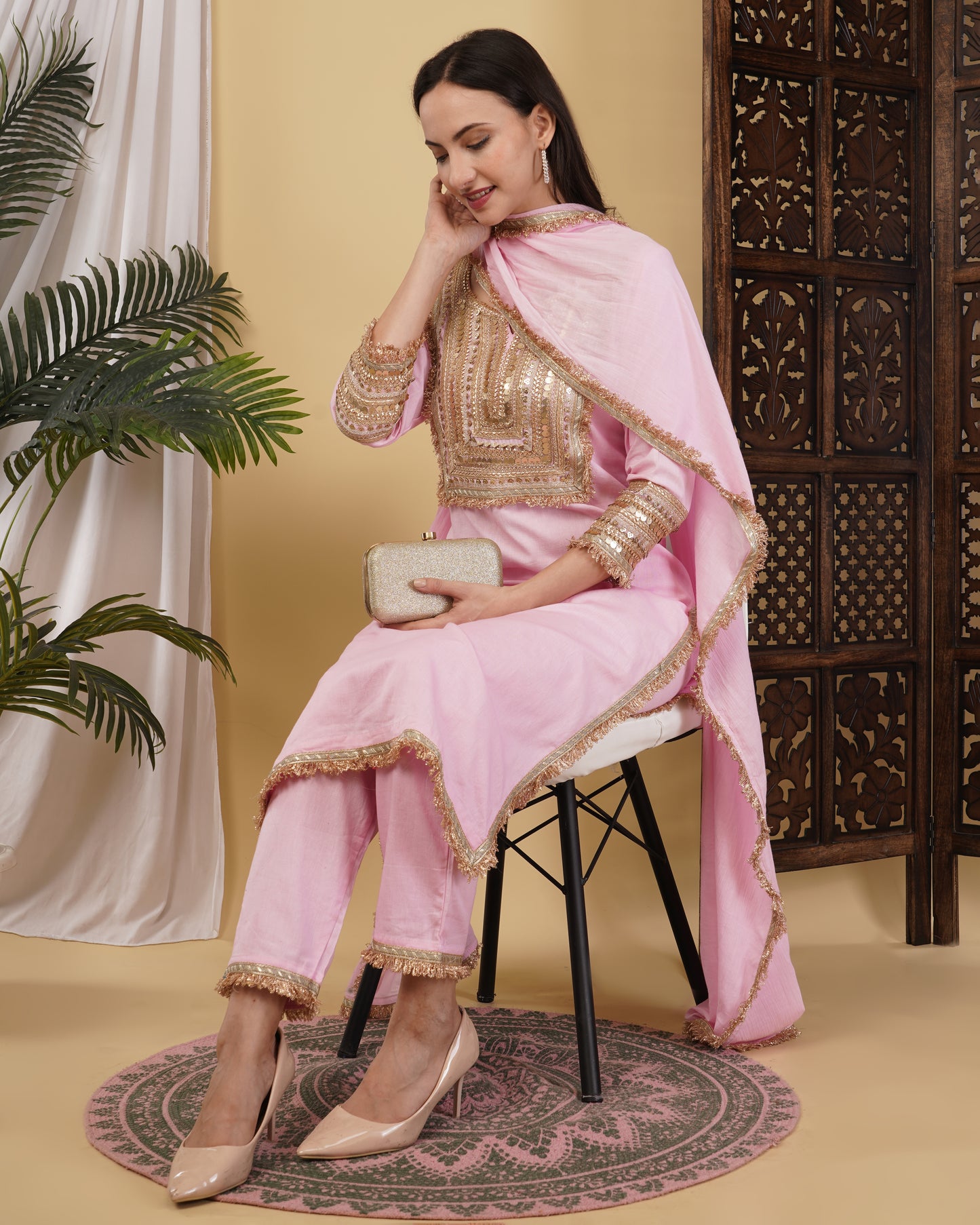 Pink Cotton Linen Kurta Set with Mul Dupatta