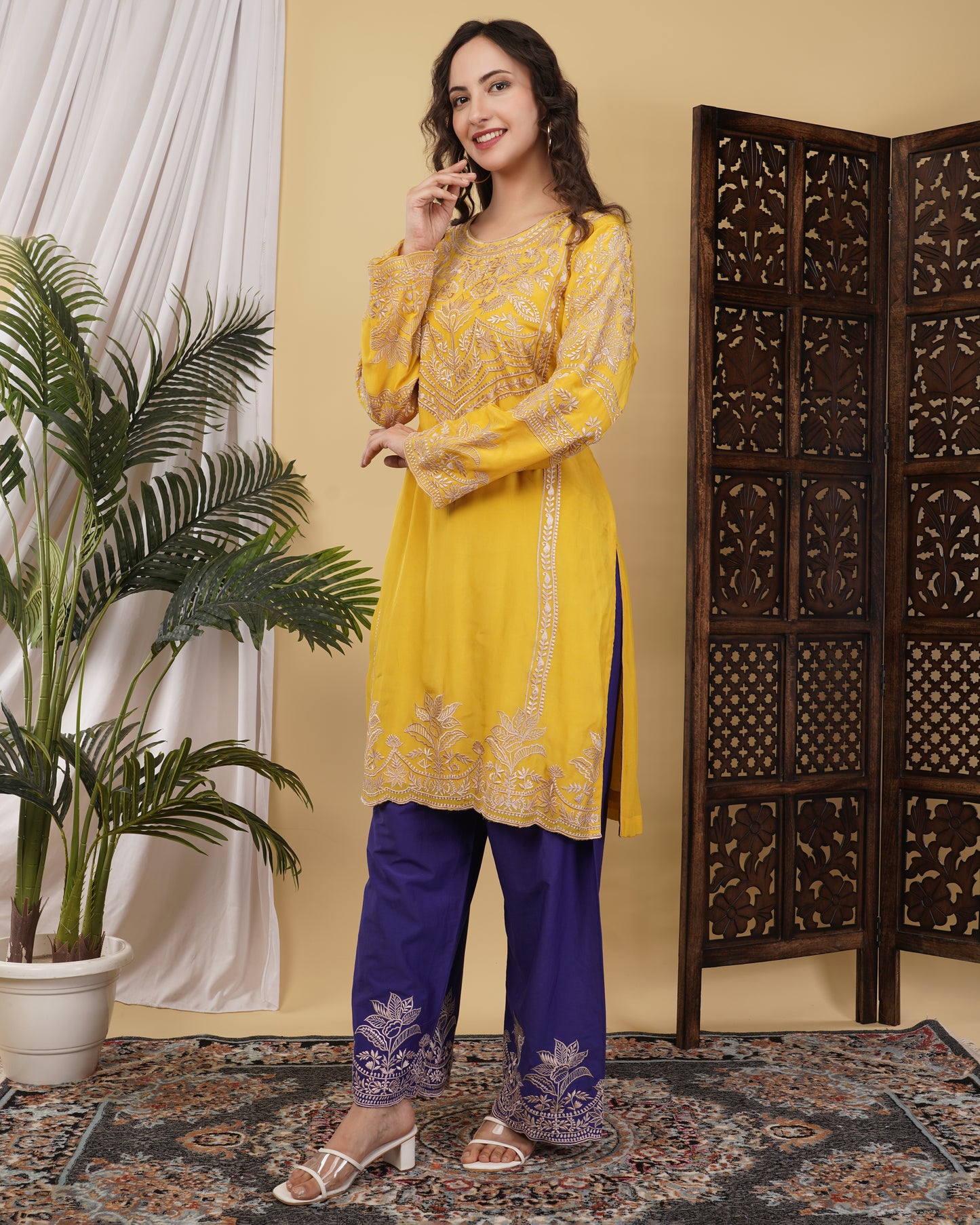Mustard Yellow Crepe & Cotton Silk Suit Set