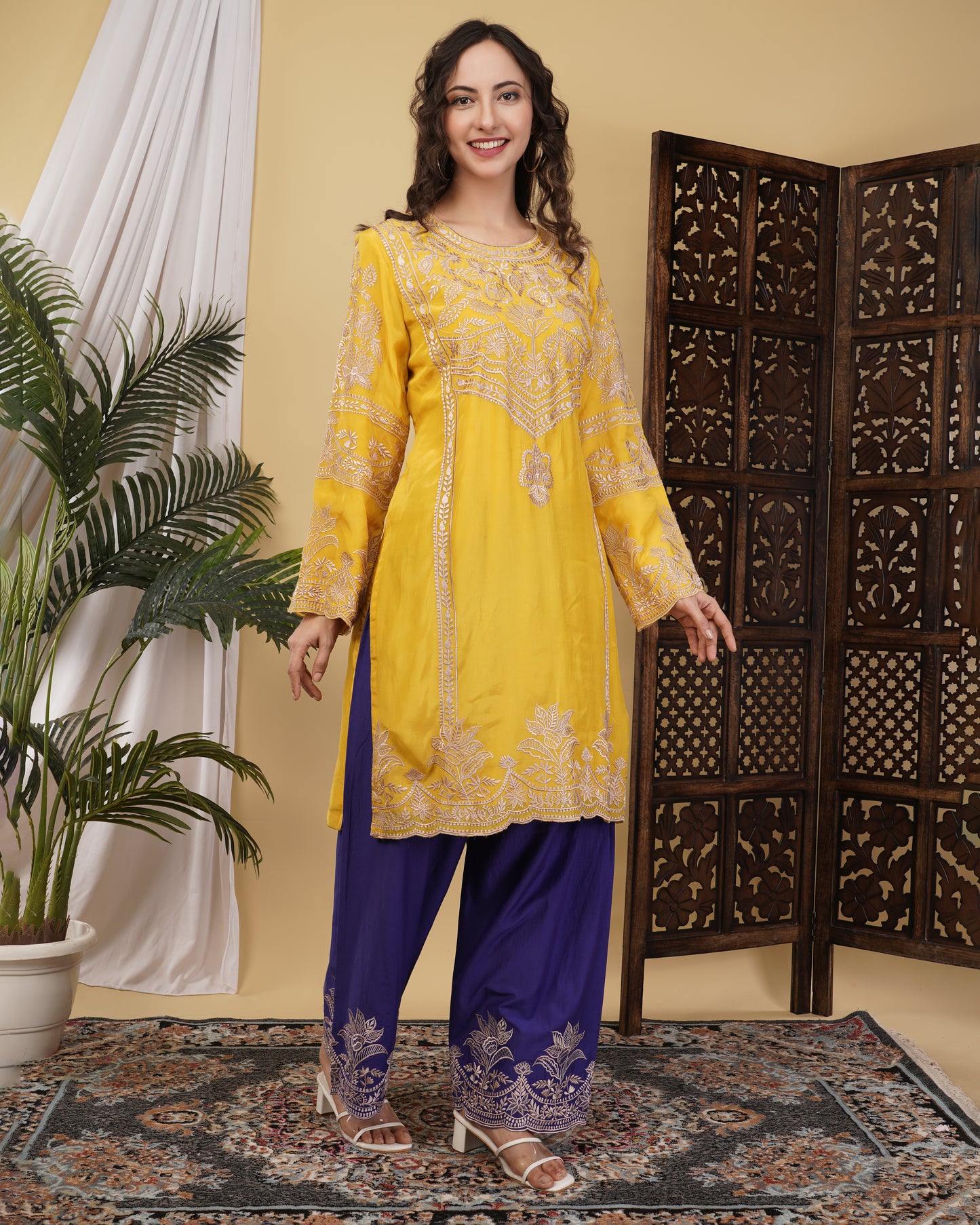 Mustard Yellow Crepe & Cotton Silk Suit Set