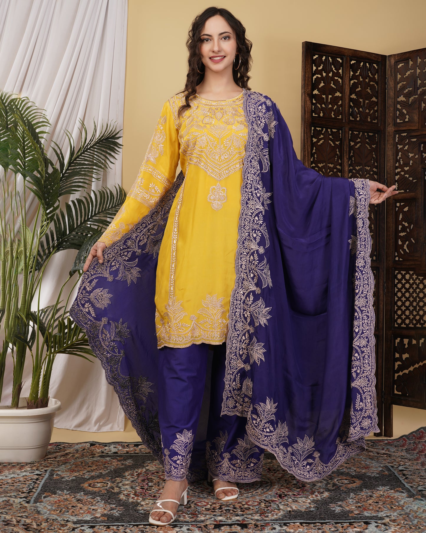 Mustard Yellow Crepe & Cotton Silk Suit Set