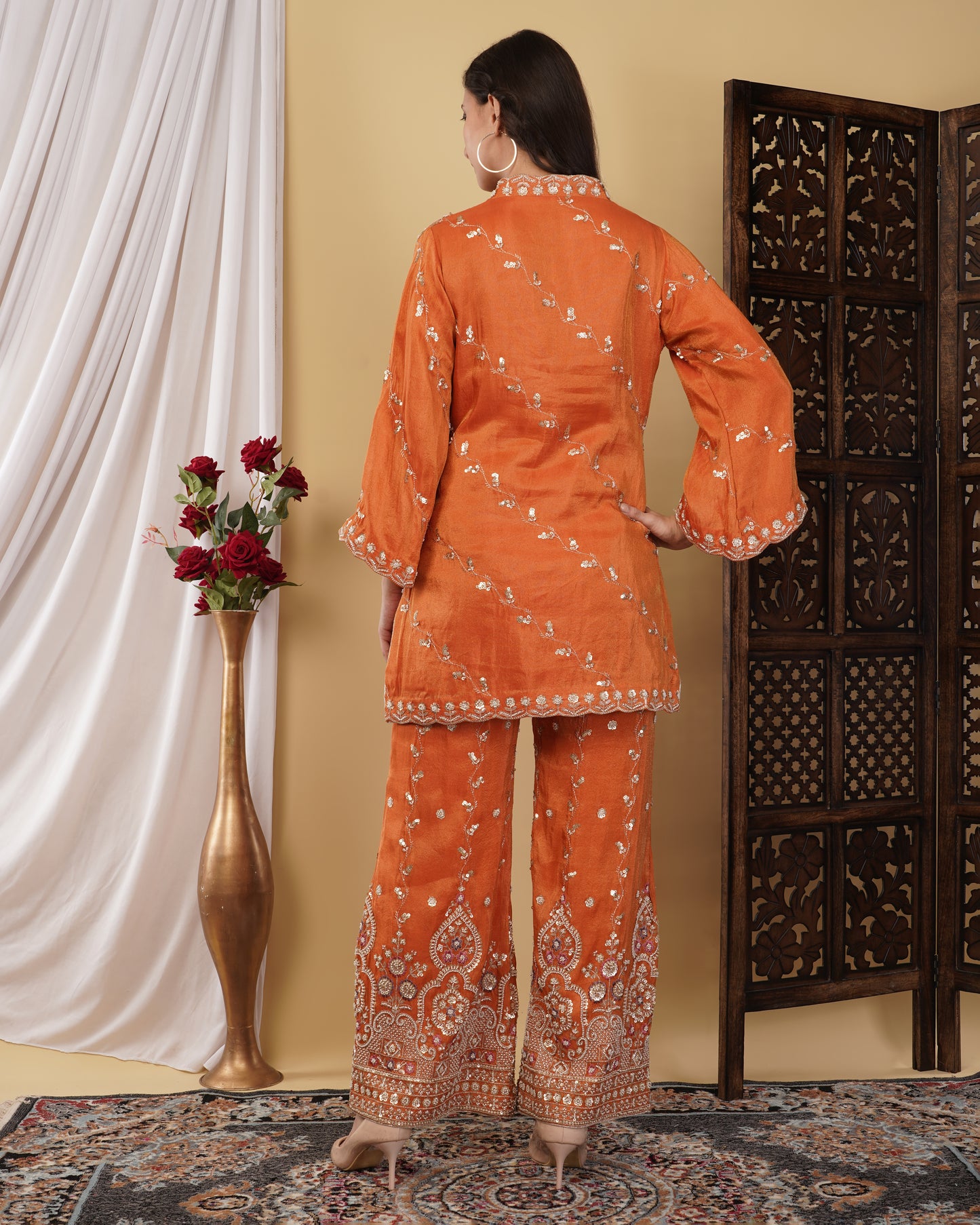 Tangerine Kurta Set with Bell Bottoms