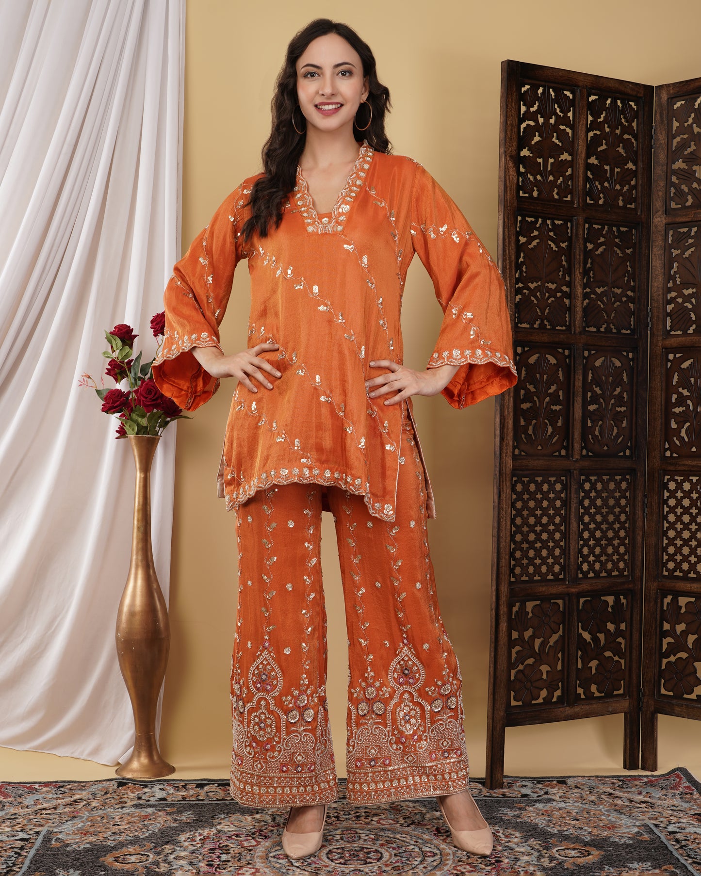 Tangerine Kurta Set with Bell Bottoms