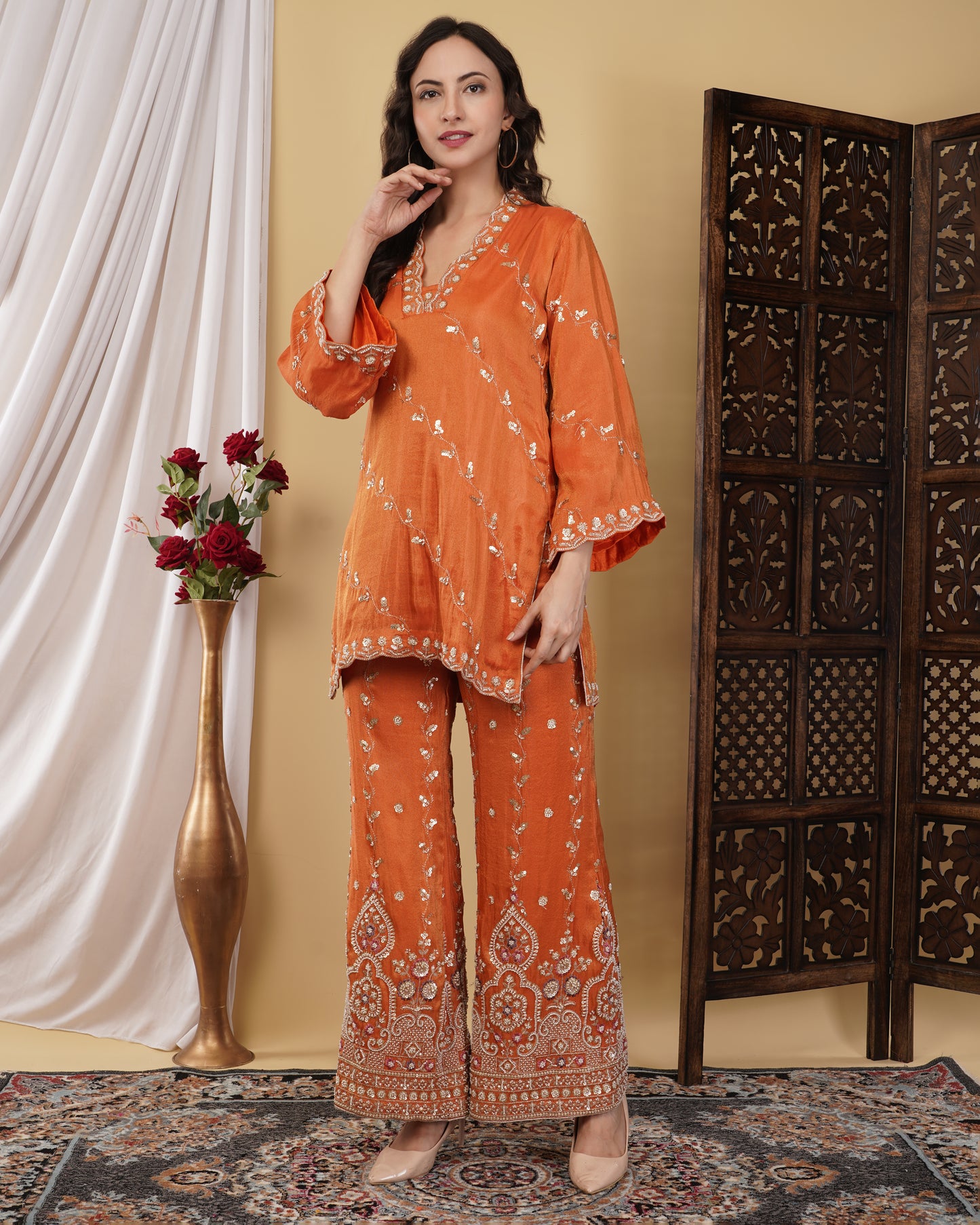 Tangerine Kurta Set with Bell Bottoms