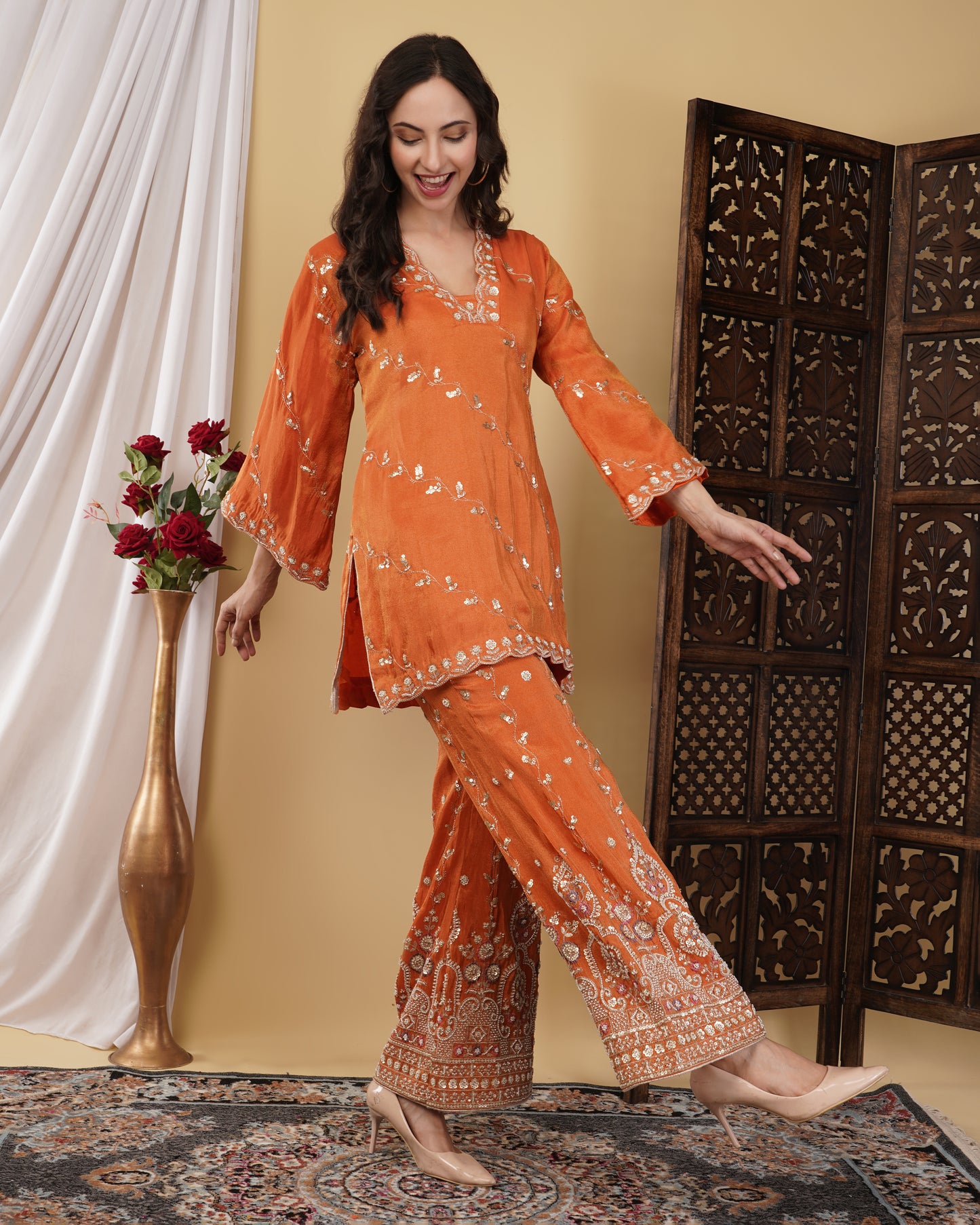 Tangerine Kurta Set with Bell Bottoms