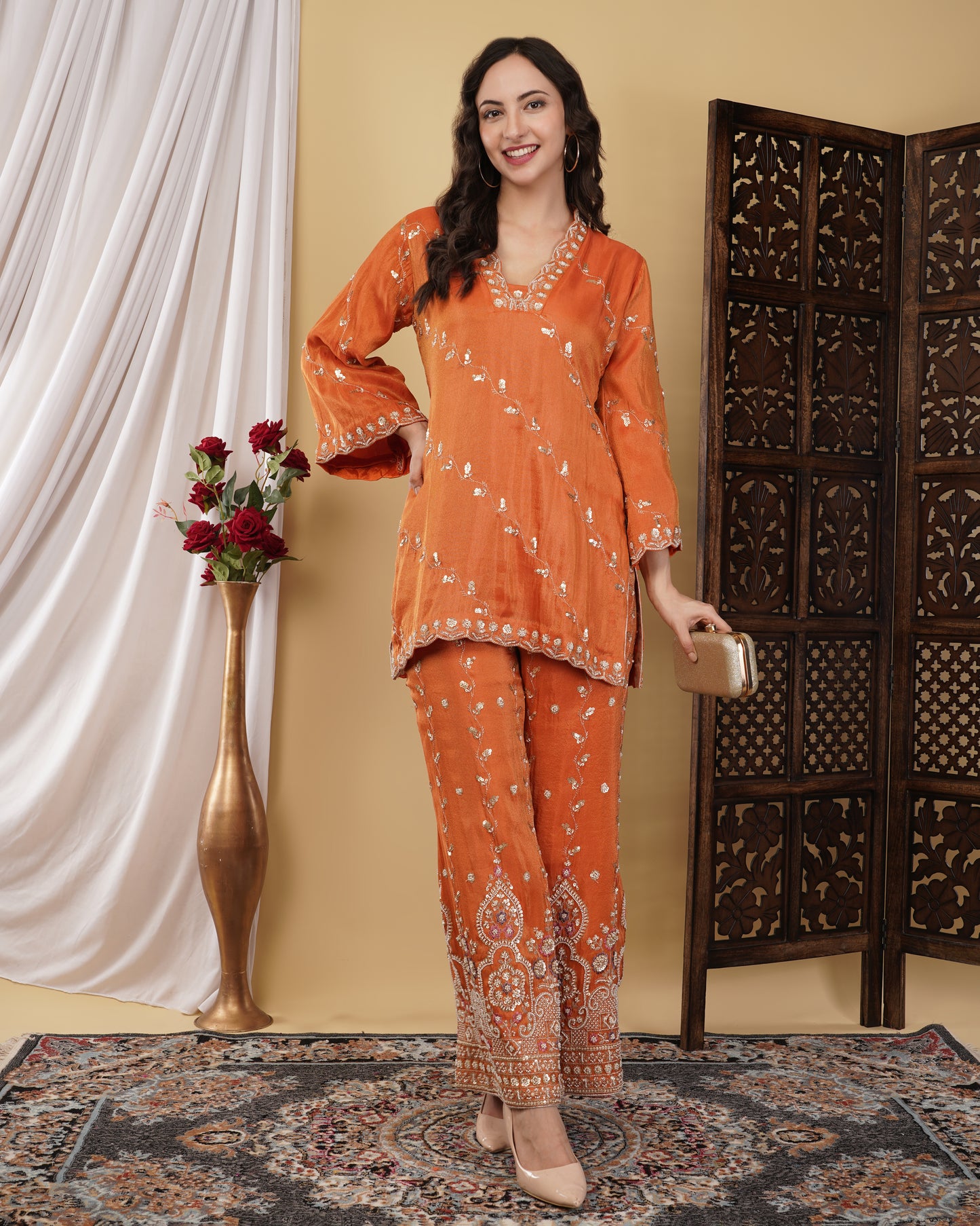 Tangerine Kurta Set with Bell Bottoms