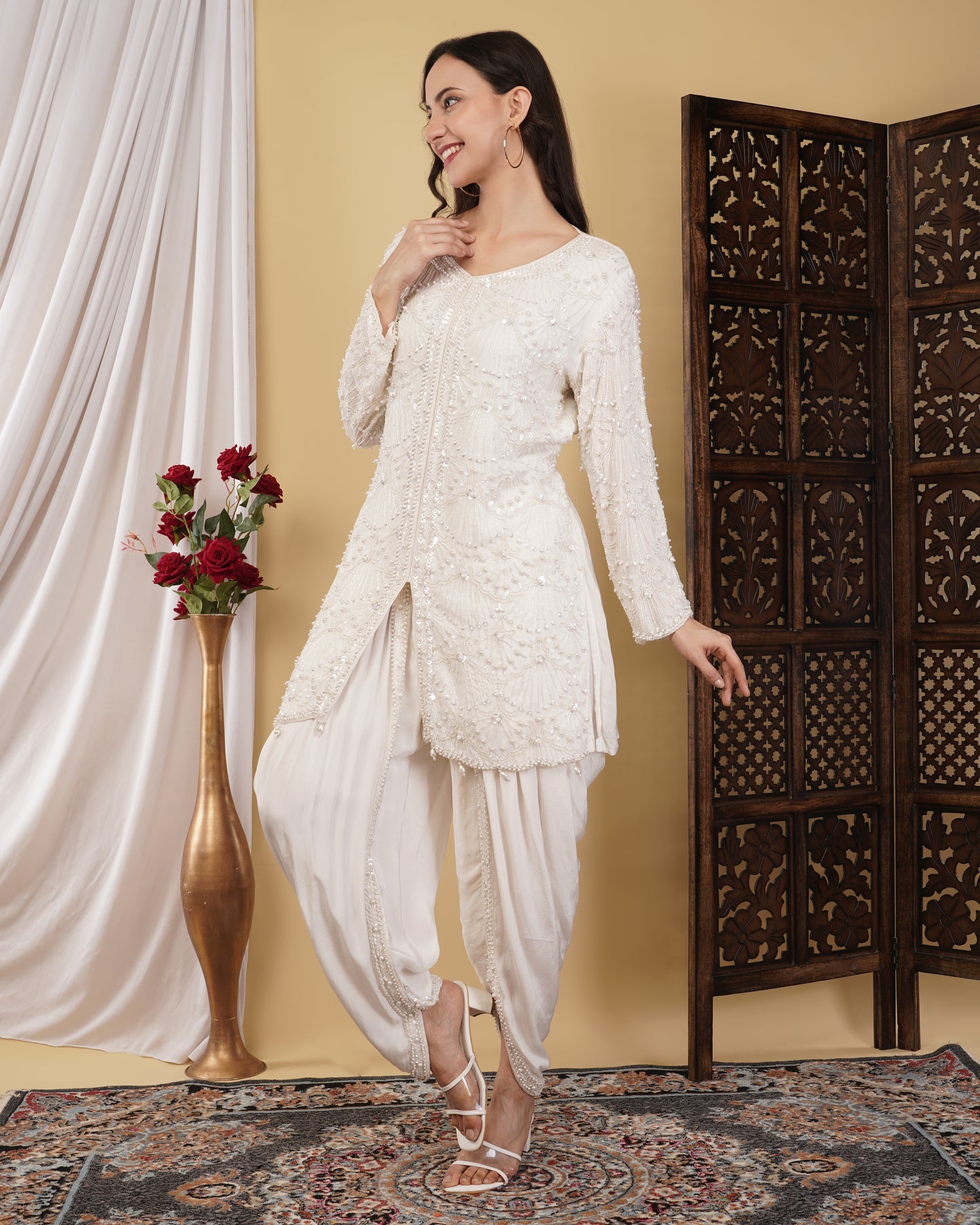Pearl White Chinnon Kurta with Dhoti Pants