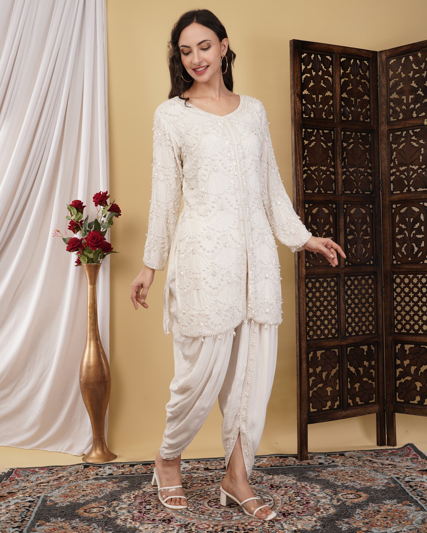 Pearl White Chinnon Kurta with Dhoti Pants