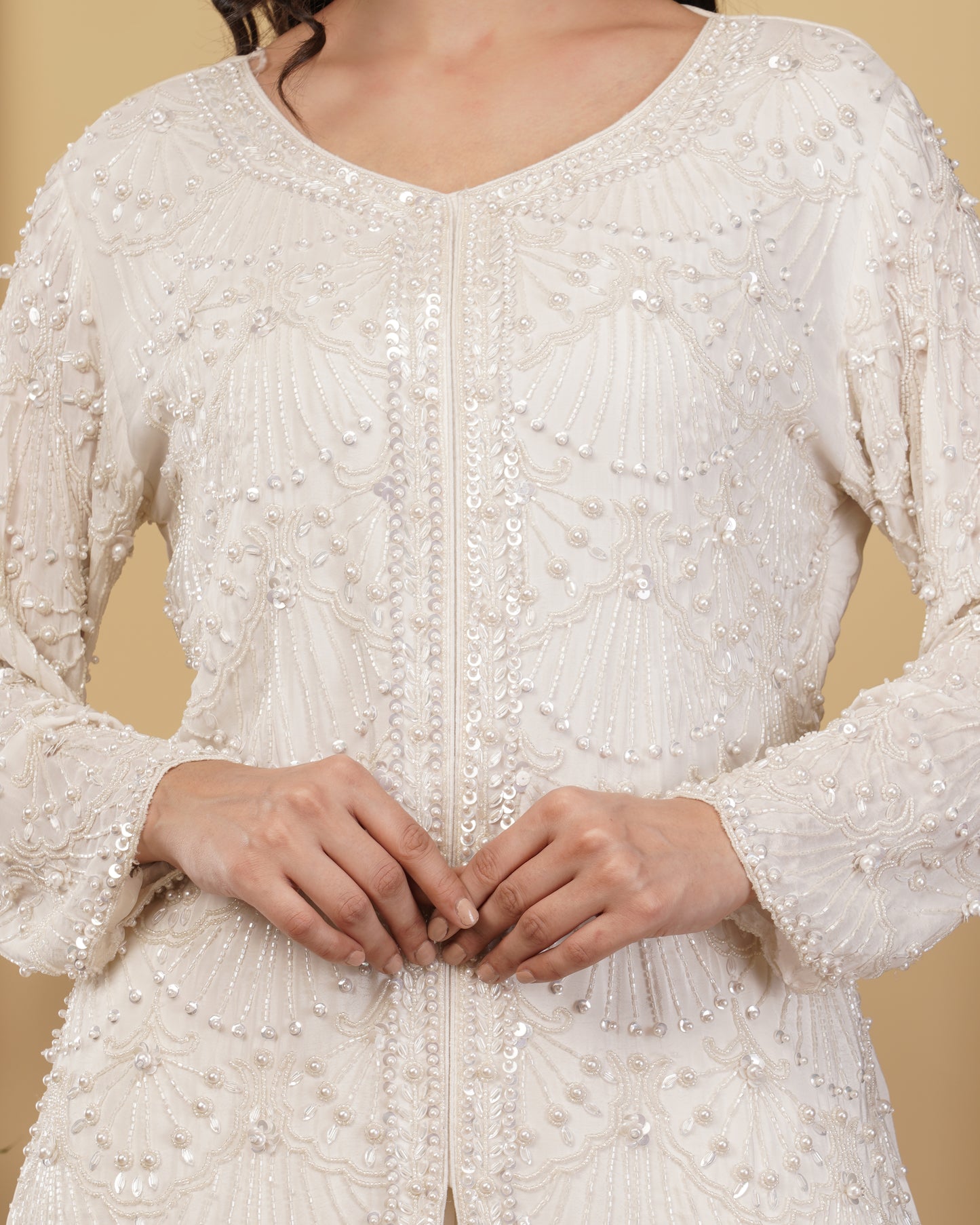 Pearl White Chinnon Kurta with Dhoti Pants