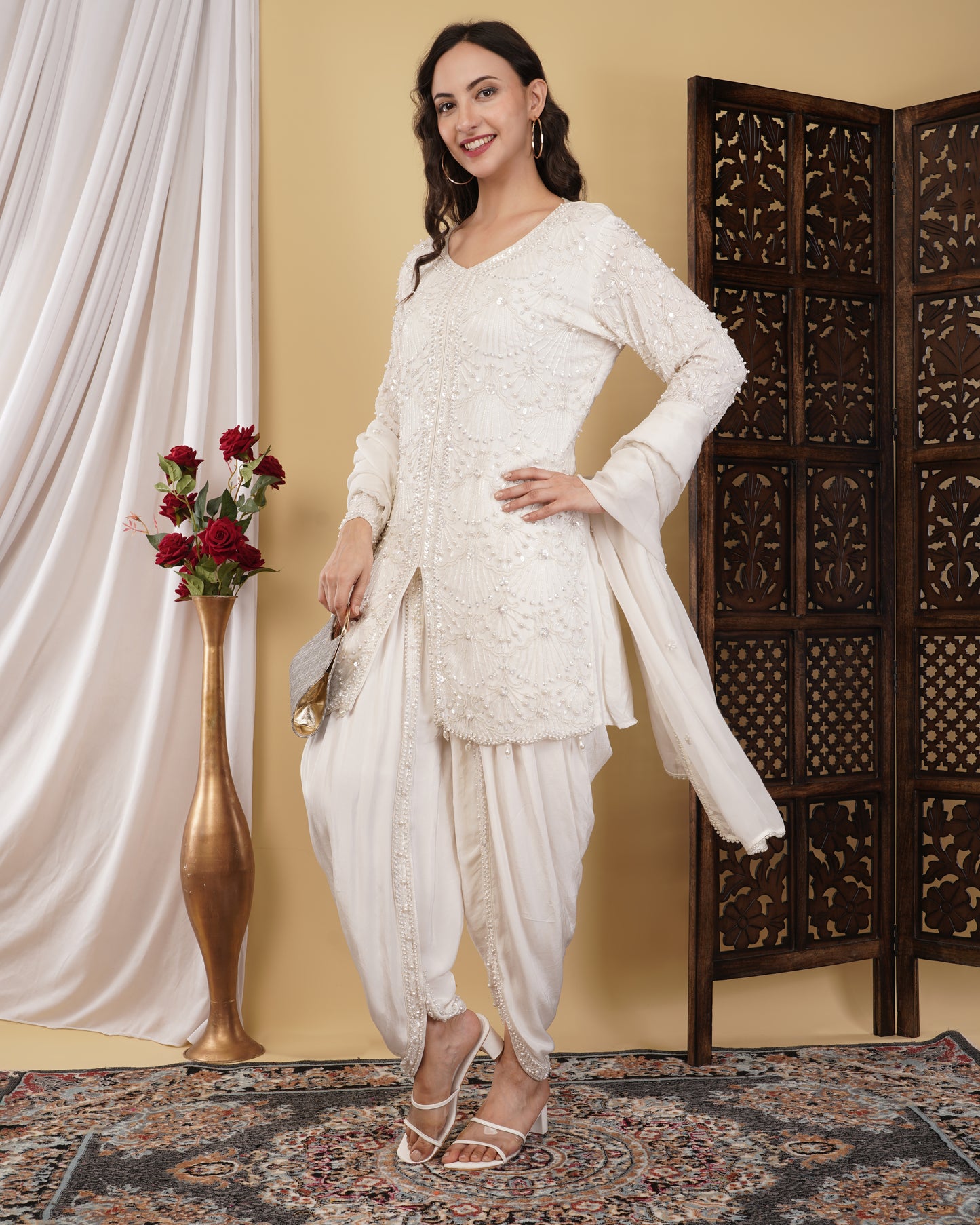 Pearl White Chinnon Kurta with Dhoti Pants